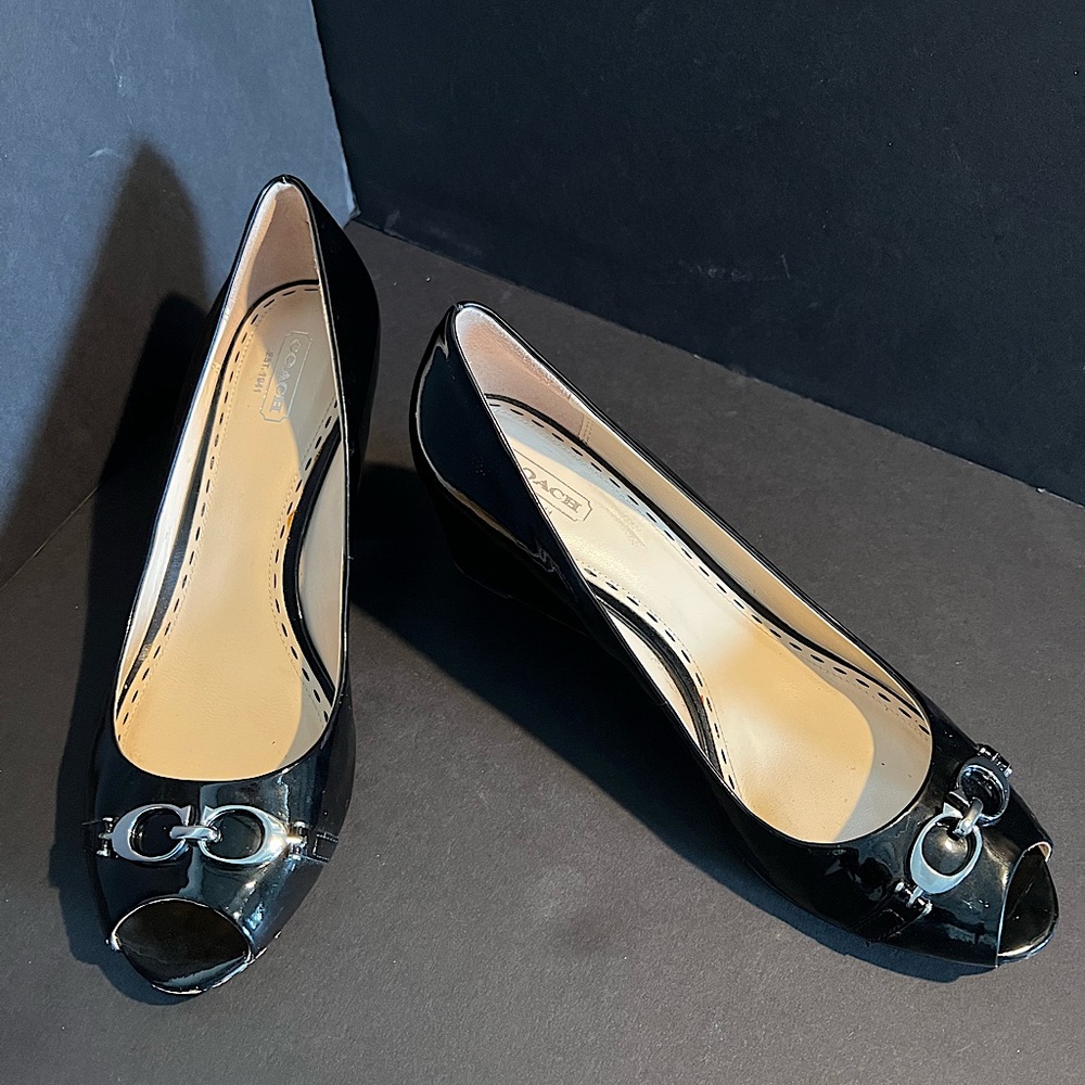 Coach Peep Toe Black Patent Leather Wedge Heels